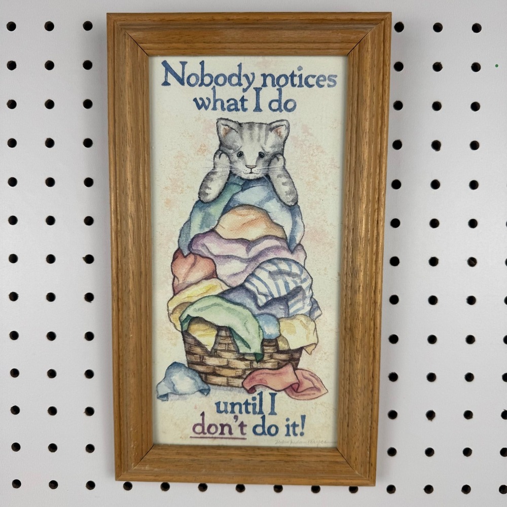 Vintage Figi Graphics 1989 Framed Cat Laundry Art Debra Jordan Bryan Oak Frame